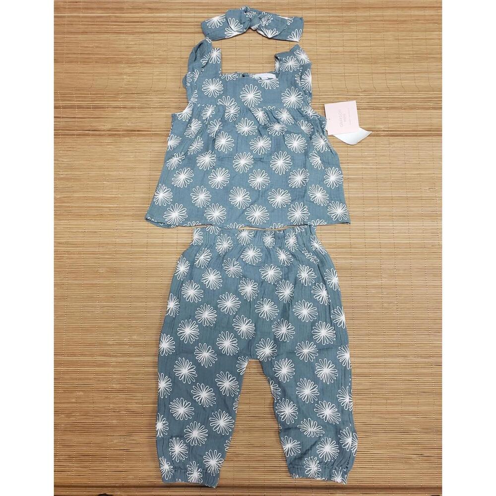 NWT Grayson Mini 100% Cotton Baby Girl Top & Bottom Set with Headband, Sz 18M